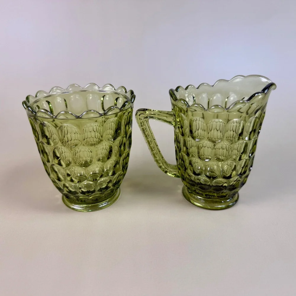 UV Reactive Fenton Green Thumbprint Glass Creamer & Sugar Bowl Set - Picture 9 of 16